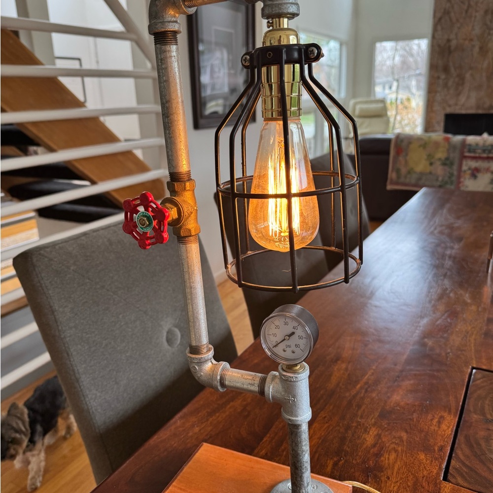 Industrial Pipe Table Lamp with Black Cage and Red Valve Accent